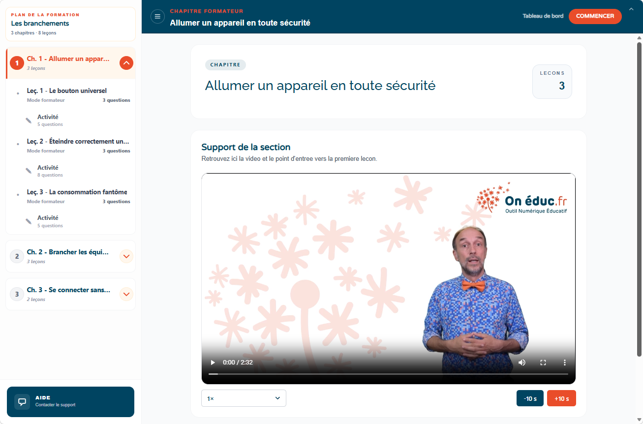 Chapitre côté formateur avec la vidéo d'introduction