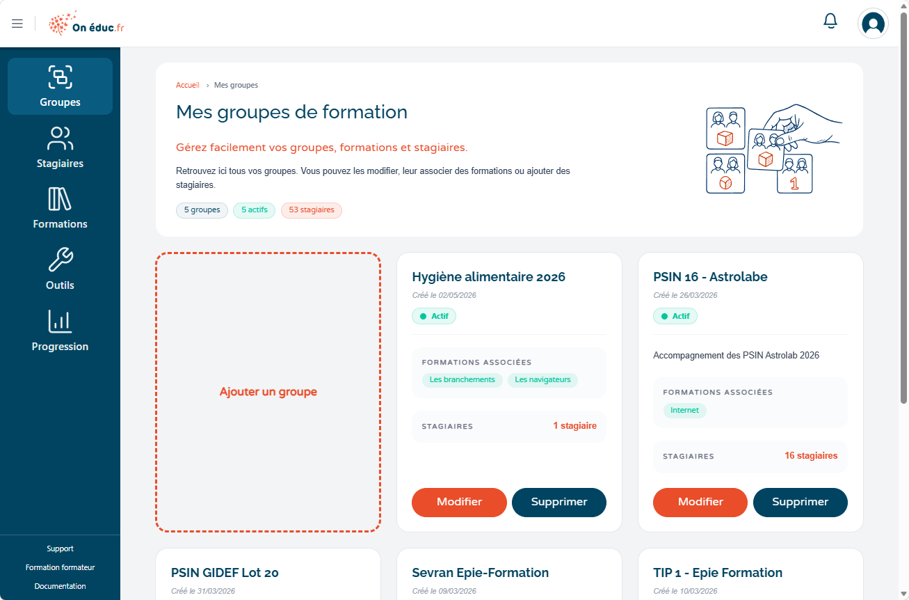 Espace formateur : gestion des groupes de formation