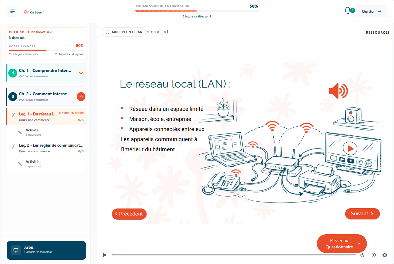 Leçon apprenant sur Onéduc.fr : plan de la formation, contenu illustré et progression