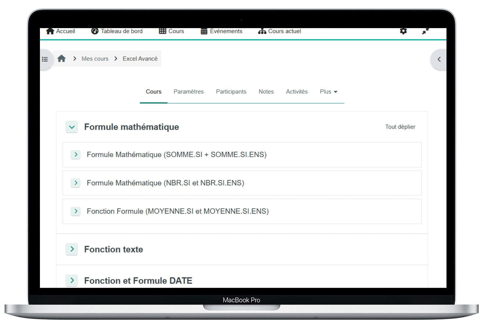 Contenu d'un cours Excel Avancé sur le Moodle EPIE Formation